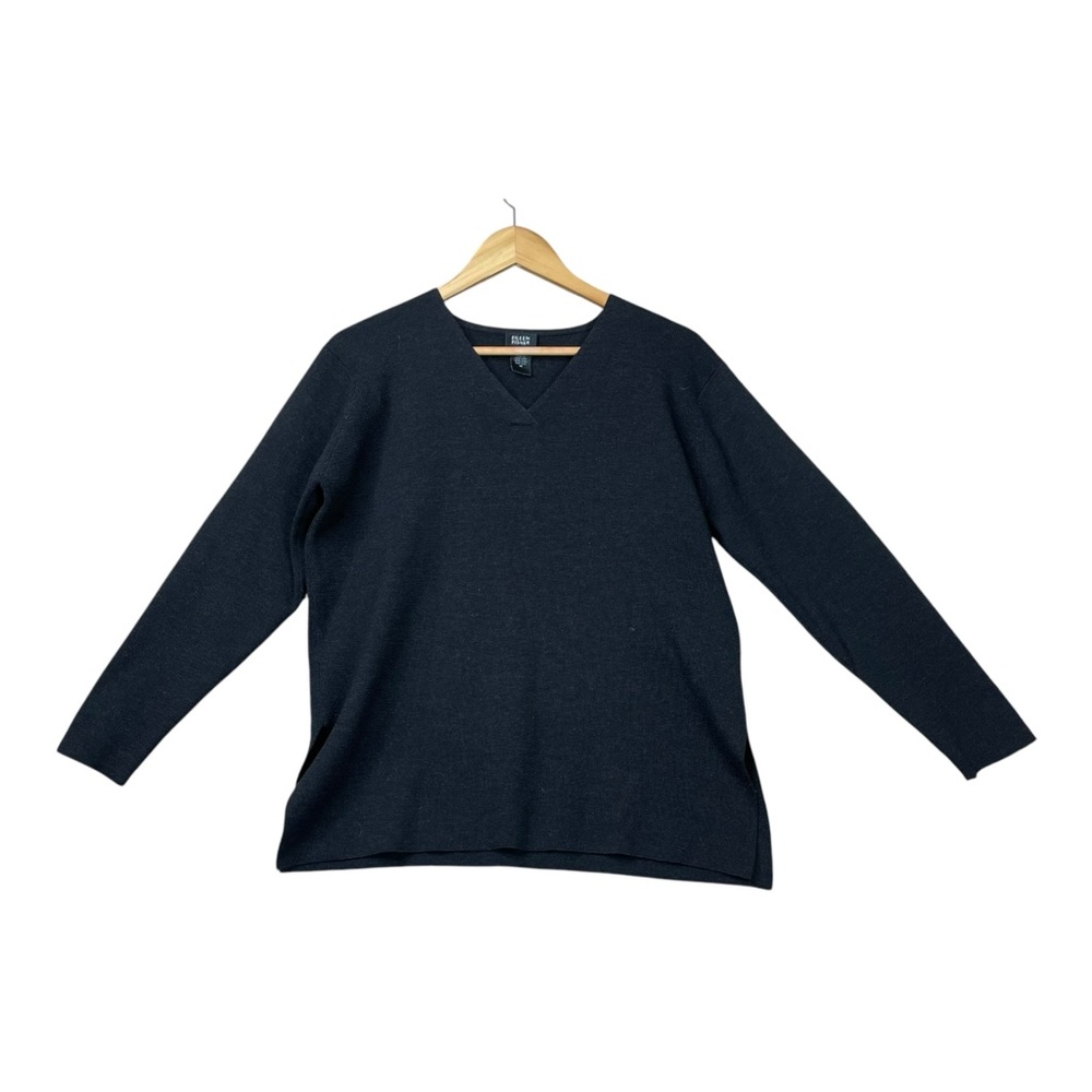 EILEEN FISHER Sweater 100% Wool Ribbed Textured Knit Long Sleeve Gray M V Neck